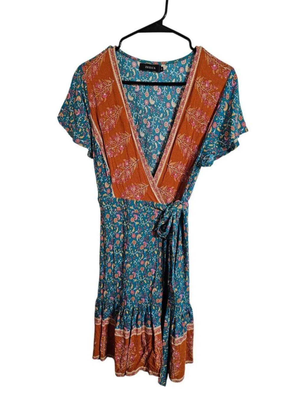 ZESICA Womens Medium Wrap Dress Blue Rust Floral Rayon Iconic Boho Festival Mini - Picture 2 of 8